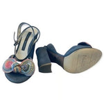 Norma J Baker Genuine Leather Suede Peep Toe Sandals Blue Block Heel 5.5 Floral