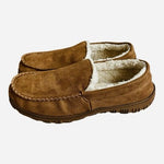 Men’s Brown Faux Suede Moccasin Slippers Sz 12 Faux Fur Lined Indoor Outdoor G+