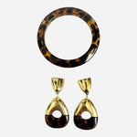 Vintage 80s Gold Tone Tortoiseshell Resin Door Knocker Clip Earrings Bangle Set