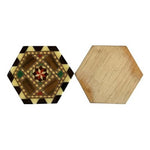 Vintage Set of 6 Geometric Pinwheel Wood Inlay Lacquer Marquetry Coaster Hexagon