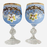 Vintage Bohemian Crystal Enameled Light Blue Wine Goblets Hand-Painted Floral VG