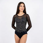 Boston Proper Black Mesh Leotard Bodysuit M Gold Floral Embroidery Long Sleeve
