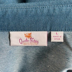 Quacker Factory Knit Denim Button Up Shirt Teal Blue Stretch Rhinestones L