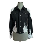 Vintage Rafaella Black Denim Jacket Sz 10 Lace Bead Sequin Trim Button Custom VG