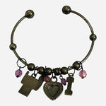 I Love Grandma Silver Tone Cuff Bangle Bracelet Red Heart Pink Beads Gift
