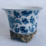 Rare Vintage Blue White Porcelain Pedestal Planter China Floral 8.5" Gold Trim