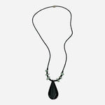 Black Gemstone Teardrop Pendant Necklace Green Prehnite Beads Cord Boho VG