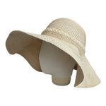 D&Y Wide Brim Floppy Straw Sun Hat Ivory Braided Trim Scalloped Brim G+