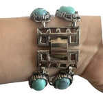 7.5" Vintage Double Layered Turquoise Silver Tone Panel Link Cuff Bracelet