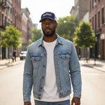MADE HERE Uncle Sam Blue White Cotton Twill Mesh Back Snapback Trucker Baseball