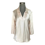 Nicole Miller New York Silk Satin Blouse V-Neck Collared Top Ivory Sz L Elegant