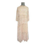 Polagram Women's Beige Smocked Tiered Midi Dress M Mock Neck 3/4 Sleeve Boho VG