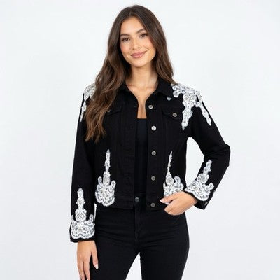 Vintage Rafaella Black Denim Jacket Sz 10 Lace Bead Sequin Trim Button Custom VG