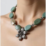 Chunky Turquoise White Stone Beaded Necklace Silver Flower Pendant 18" NWOT