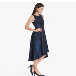 White House Black Market Floral Jacquard High-Low Midi Dress 00 Blue Fit Flare