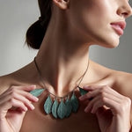 Mint Green Leaf Dangle Necklace Bohemian Festival Silver Tone Jewelry Very Good