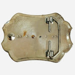 Vintage Western Belt Buckle Silver Tone Scroll Engraved Purple White Stone 3.75"