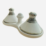 Moroccan Ceramic Double Tagine Salt Pepper Set Silver Trim White 4" VG Artisan