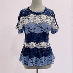Eva Franco Peplum Top M Striped Lace Floral Short Sleeve USA Made Excellent