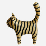 Artisan Carved Wooden Beige Black Striped Folk Art 4.5" Cat Figurine