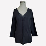 Geoffrey Beene Black Silk Stretch V-Neck Sweater Lace Trim Button Front Top M