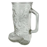 Vintage Clear Glass Cowboy Boot Mug Embossed Western Scroll Beer Stein 6"