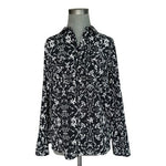 Croft & Barrow Black White Floral Print Blouse Roll Sleeve Sz M Chic VG