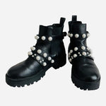 Black Leatherette Pearl Stud Platform Combat Boots Women's Size 7.5 Good Plus