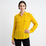 Tommy Bahama Women's Yellow Silk Button Down Blouse L Long Sleeve Pockets VG