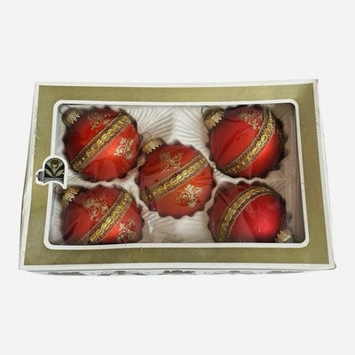 Vintage Krebs & Sohn Red Glass Christmas Ornaments Set of 5 Gold Glitter USA