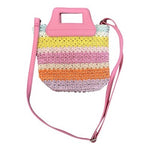 Girl's Boho Crochet Striped Small Crossbody Purse Pink Summer Beach Bag 8x9"