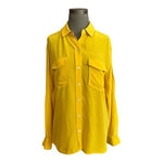 Tommy Bahama Women's Yellow Silk Button Down Blouse L Long Sleeve Pockets VG