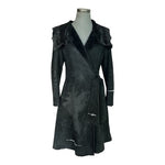 Women's Black Prima Pelle Shearling Fur Trim Wrap Coat Belted Long Jacket Size M