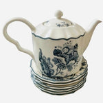 Vintage Gabrielle Grey Blue White Floral Porcelain Teapot 6 Saucer Set Indonesia