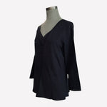 Geoffrey Beene Black Silk Stretch V-Neck Sweater Lace Trim Button Front Top M