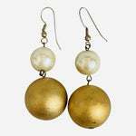 Vintage Gold White Double Ball Drop Dangle Earrings 2.5" Hook Style Heavy VG