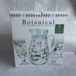 Home Essentials Botanical Hand Painted Glass Pitcher & Goblets Ice Tea Set 4pc