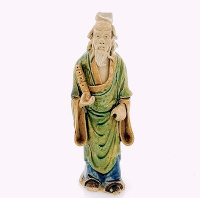 Antique Shekwan Chinese Mudman Figurine 6.5” w Scroll Handcrafted Ceramic Statue