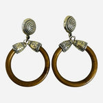 Boho Dangle Earrings 3" Brown Hoop Silver Spiral Stud Ethnic Statement Jewelry