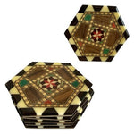 Vintage Set of 6 Geometric Pinwheel Wood Inlay Lacquer Marquetry Coaster Hexagon