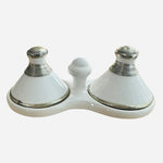 Moroccan Ceramic Double Tagine Salt Pepper Set Silver Trim White 4" VG Artisan