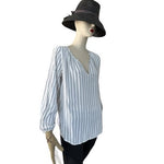 Old Navy Striped V-Neck Blouse Size M White Navy Blue Rayon Cotton VG