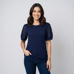 CeCe Womens Top M Navy Blue Crewneck Lace Puff Sleeves Blouse EXC