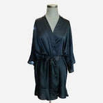 Victoria’s Secret Black Satin Glossy Tie Kimono Robe Ruffled M/L Women's