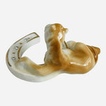 Porcelain Lucky Horse Horseshoe Figurine Rhinestone Gold Trim Amulet Decor EXC