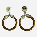 Boho Dangle Earrings 3" Brown Hoop Silver Spiral Stud Ethnic Statement Jewelry