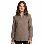 Jones New York Sport Womens Brown Linen Button-Up Shirt M Adjustable Long Sleeve