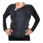 MICHAEL KORS Womens Blouse M Black Metallic Silver Lurex Long Sleeve Top EXC