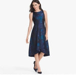 White House Black Market Floral Jacquard High-Low Midi Dress 00 Blue Fit Flare