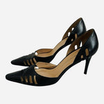 Emporio Armani Black Leather d'Orsay Heels Sz 37.5 Cutout Pointed Toe Italy VG